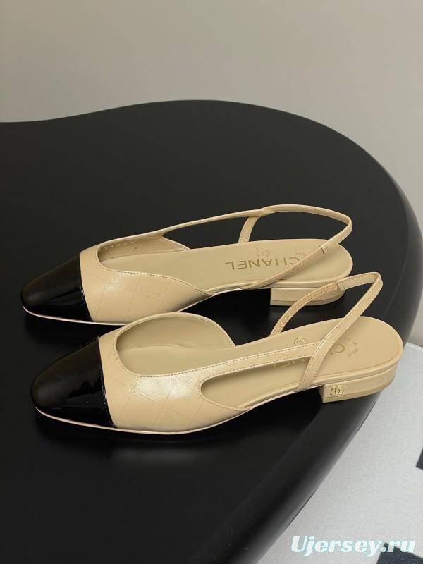 2025 Women Chanel Beige Black Leather Sling-back Flat Heel