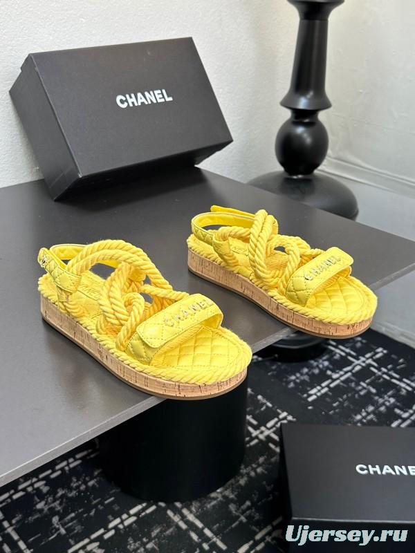 2025 Slippers Chanel Yellow Rope Cork Sole Sandals LY00260