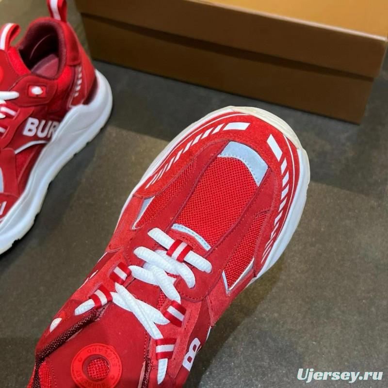 2025 Unisex Burberry Red Suede Leather Mesh Platform Sneakers MJ00380