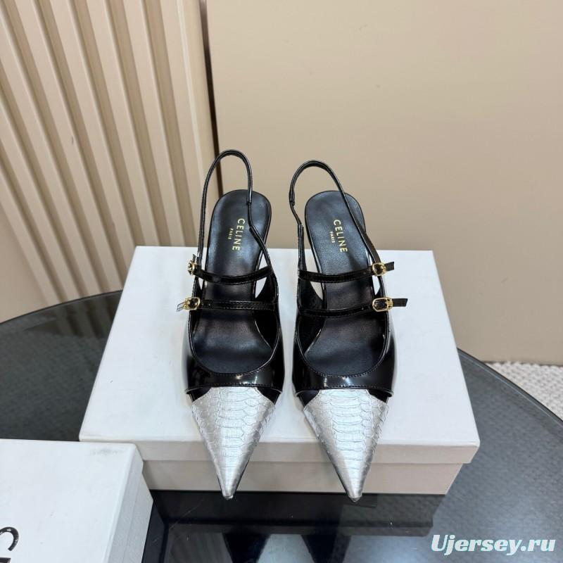 2025 Women Celine Black White Leather Pointed Toe Kitten Heel KFY00310
