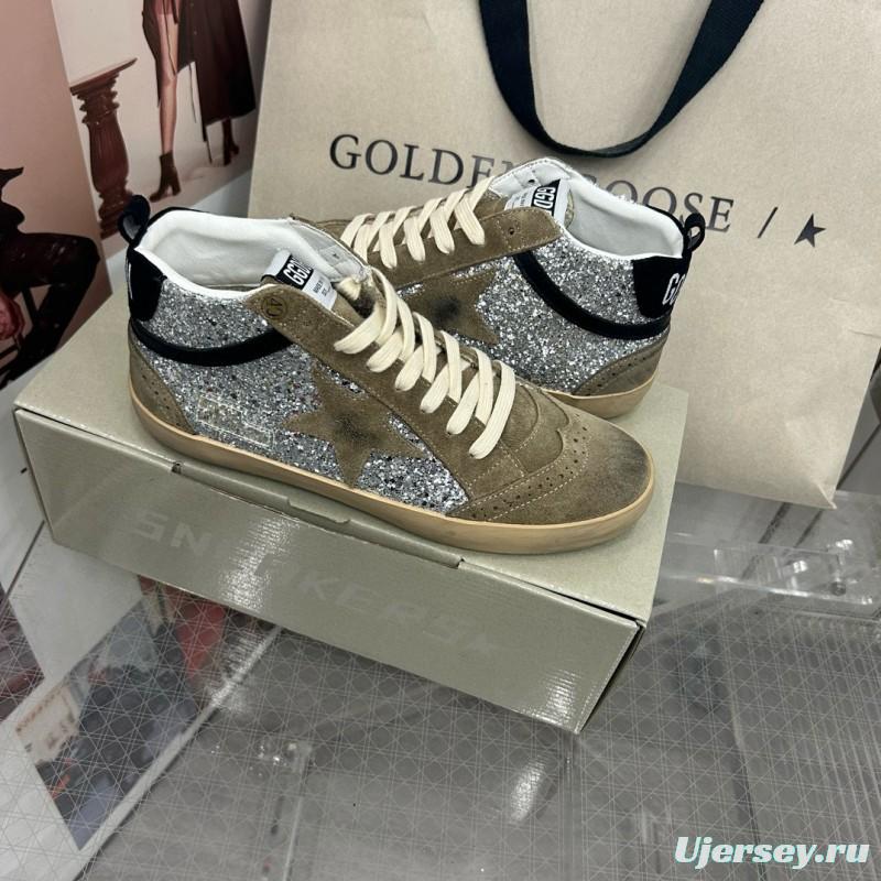 2024 Unisex Golden Goose Deluxe Brand Grey Silver Glitter Suede Leather High-Top Sneakers MJ00300