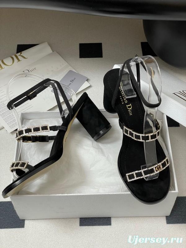 2025 Women Dior Black Suede Crystal Embellished Strap Sandals