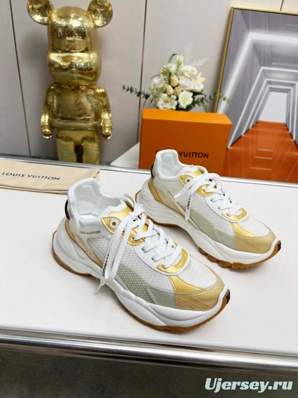 2025 Women Louis Vuitton White Gold Mesh Leather Sneakers LY00340