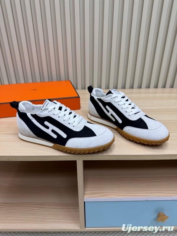 2025 Unisex Hermès White Black Suede Goat Leather Sneakers Top Version KFY00300