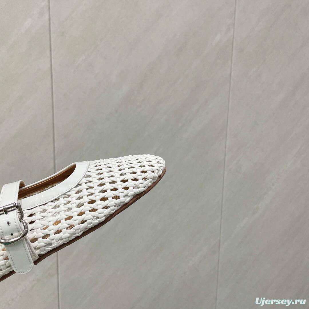 2025 Women Alaïa White Woven Leather Flat Mary Jane Shoes LY00360(F)