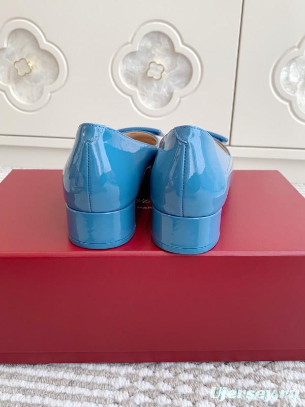 2025 Women Roger Vivier Blue Patent Leather Ballet Flat Square Buckle KFY00310