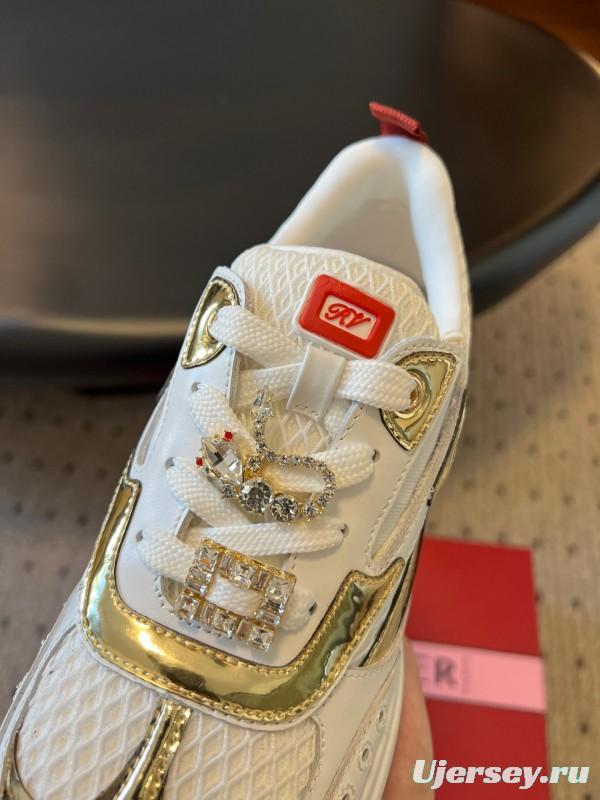 2025 Women Roger Vivier White Gold Leather Mesh Sneakers KFY00380