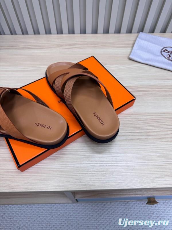 2025 Men Hermès Brown Leather Slippers