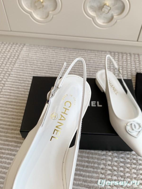 2025 Women Chanel White Leather Slingback Pointed Toe Heart Double C KFY00300
