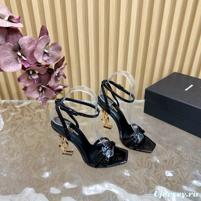 2025 Women Yves Saint Laurent Black Patent Leather High Heel Sandals Metal Logo MJ00310
