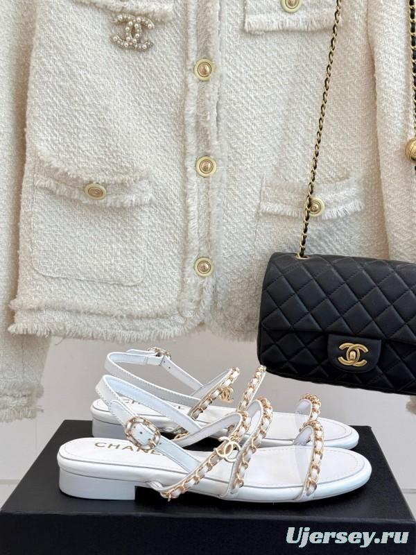 2025 Women Chanel White Leather Chain Strap Sandals