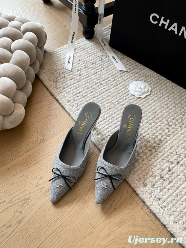 2025 Women Chanel Grey Fabric Pointed Toe Mules KFY00290