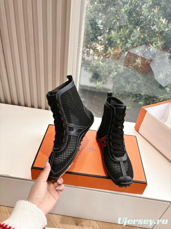 2025 Women Hermès Black Mesh Leather Boots
