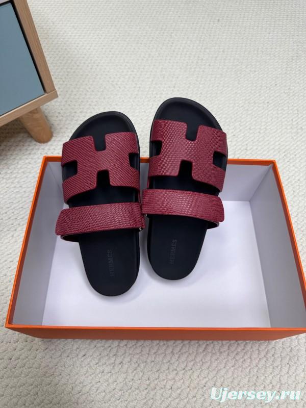 2025 Slippers Hermès Burgundy Black Leather Slide KFY00260