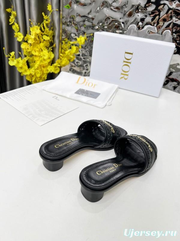 2025 Women Dior Black Leather Slippers LY00250