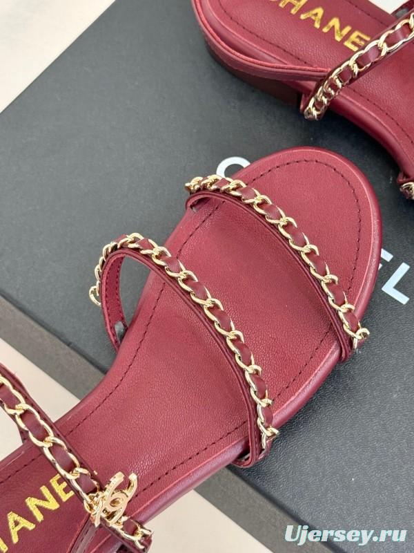 2025 Women Chanel Red Lambskin Chain Strap Sandals