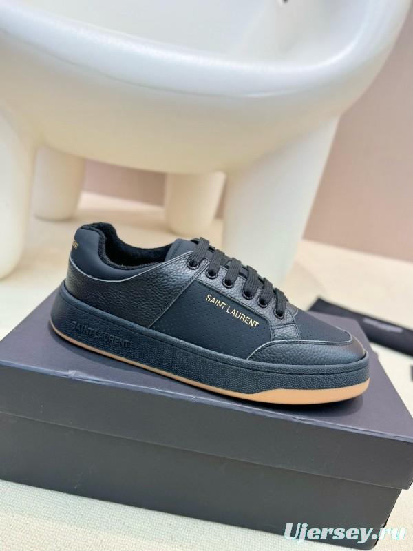 2024 Unisex Yves Saint Laurent Black Silk Leather Casual Shoes Embossed Logo MJ00350