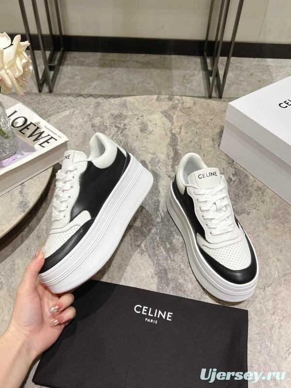 2025 Women Celine Black White Leather Platform Sneakers KFY00330