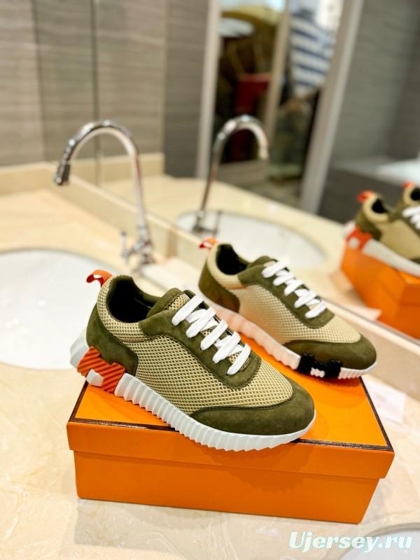 2024 Unisex Hermès Khaki Beige Suede Mesh Sneakers MJ00320