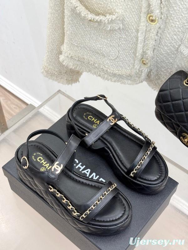 2025 Women Chanel Black Lambskin Platform Sandals Chain KFY00270