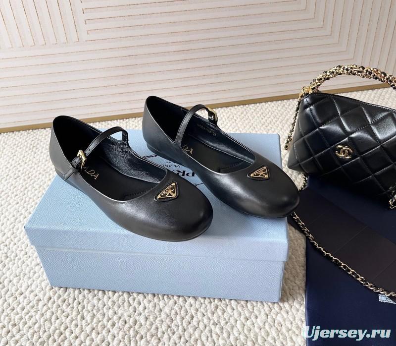 2025 Women Prada Black Leather Mary Jane Flat