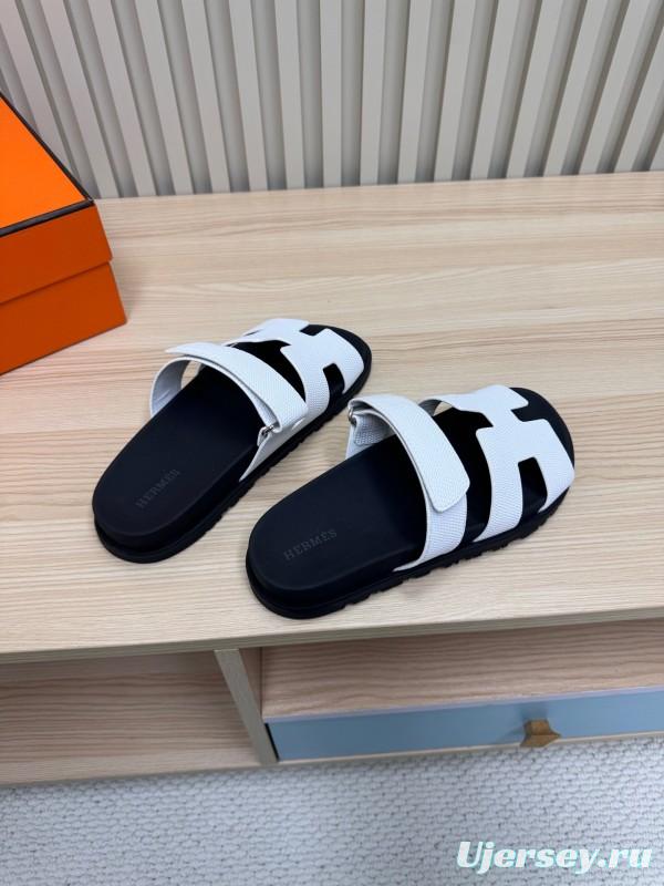 2025 Women Hermès White Black Leather Slippers