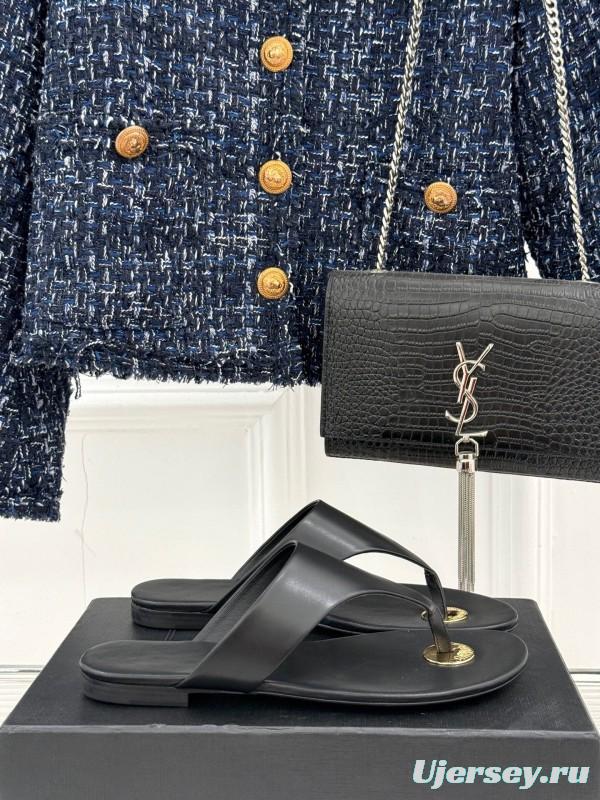 2025 Slippers Yves Saint Laurent Black Leather Slippers KFY00270