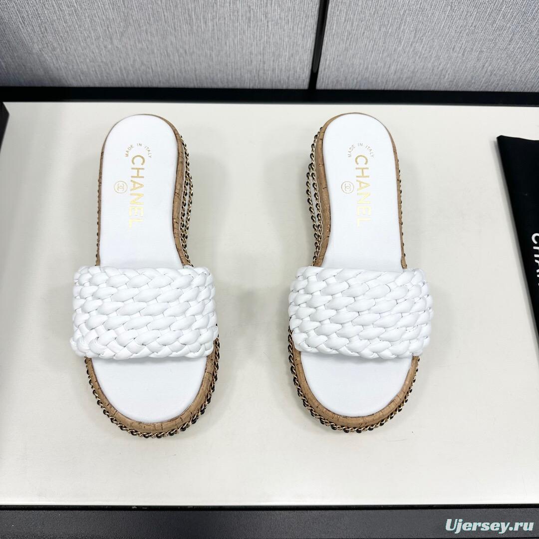 2025 Women Chanel White Leather Wedge Sandals