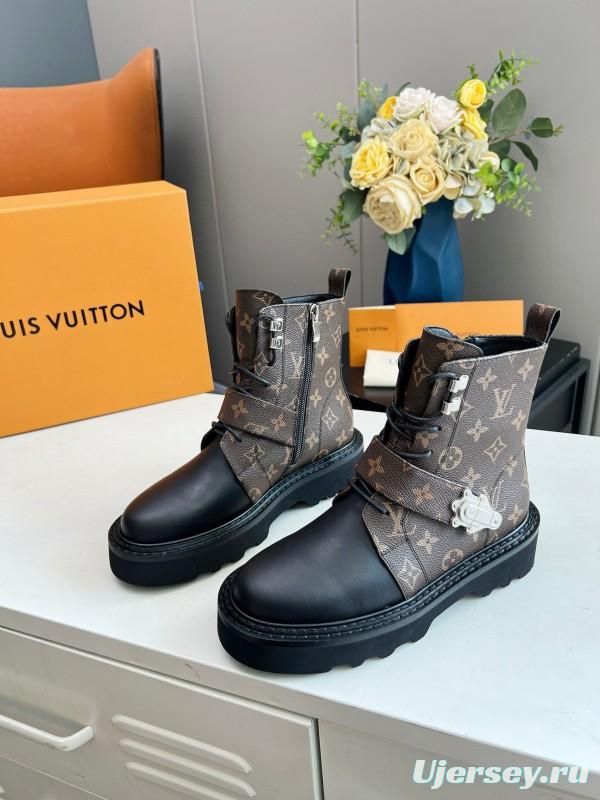 2024 Women Louis Vuitton Brown Black Leather Ankle Boots MJ00310