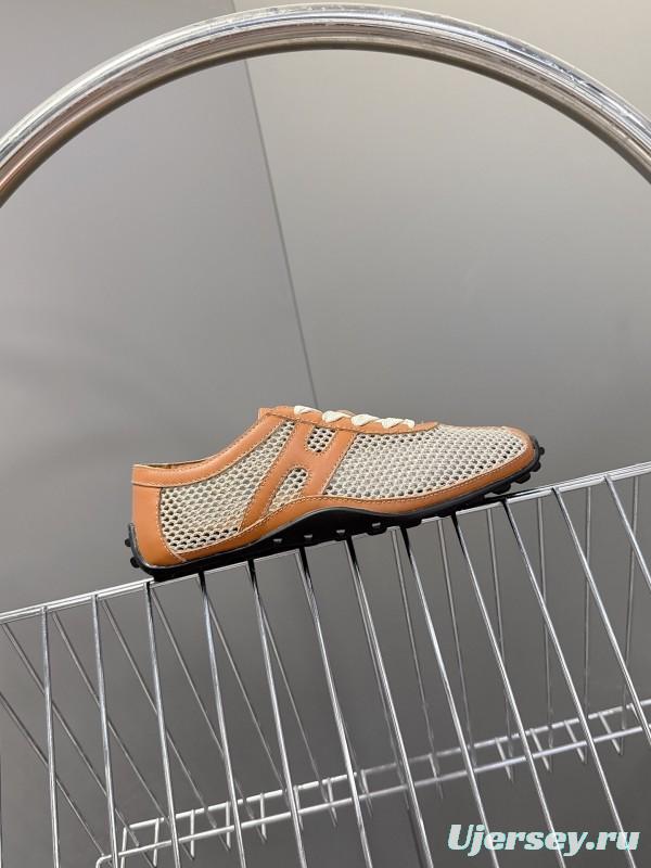 2025 Women Hermès Beige Brown Leather Mesh Sneakers KFY00250
