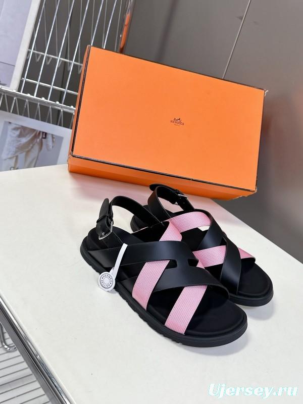 2025 Women Hermès Pink Black Leather Sandals