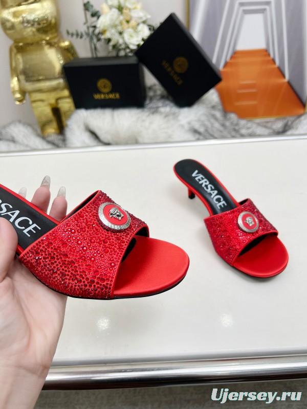 2025 Women VERSACE Red Silk Rhinestone Kitten Heel MJ00230
