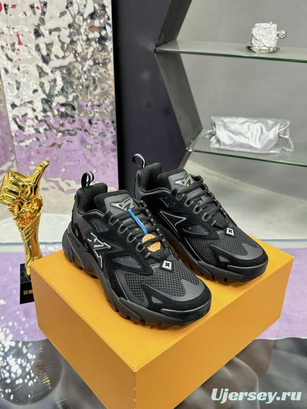 2025 Men Louis Vuitton Black Mesh Leather Sneakers MJ00420