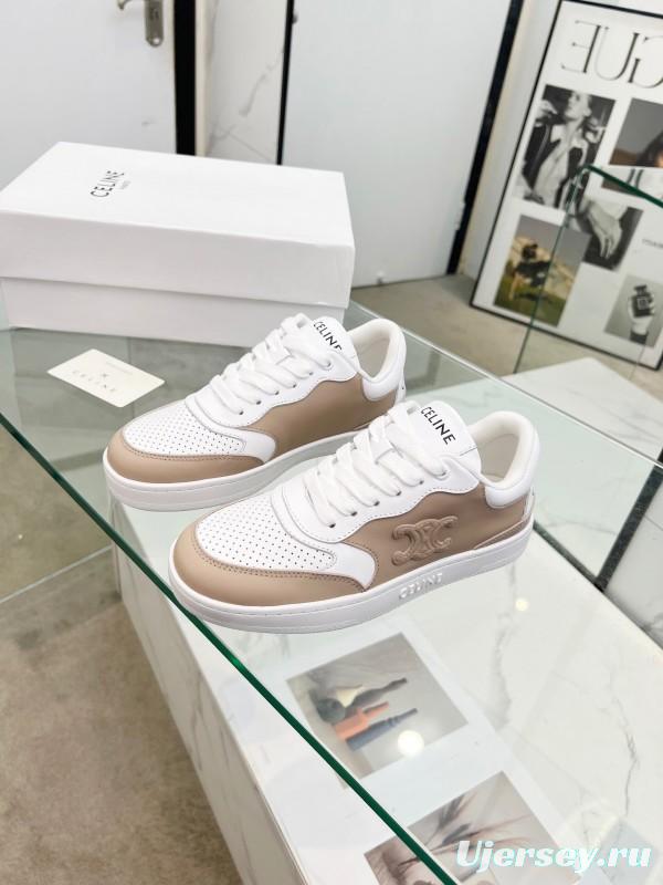 2025 Women Celine White Beige Leather Sneakers BLOCK TRIOMPHE KFY00260