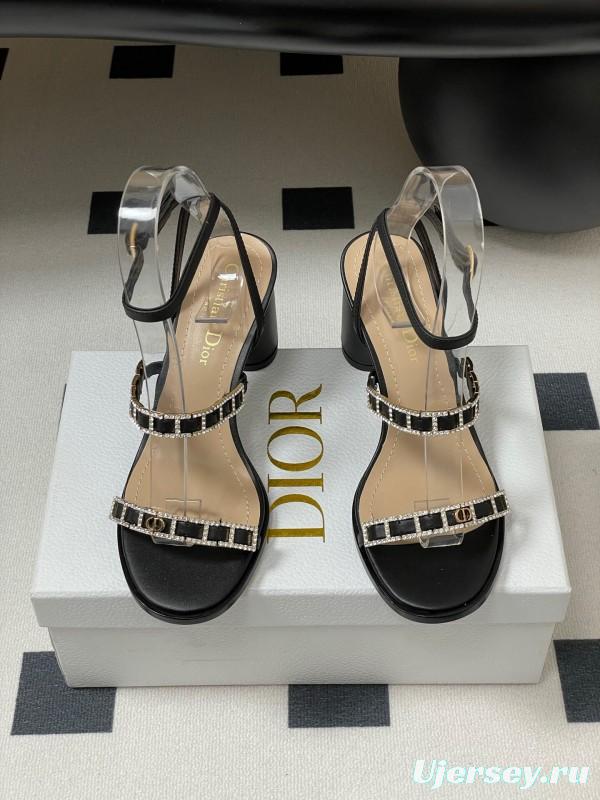 2025 Women Dior Black Leather Crystal Embellished High Heel Sandals