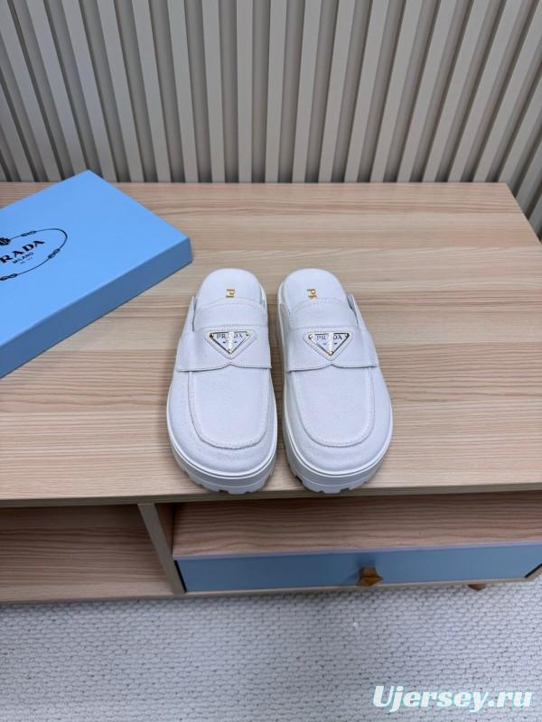 2025 Women Prada White Canvas Platform Loafers