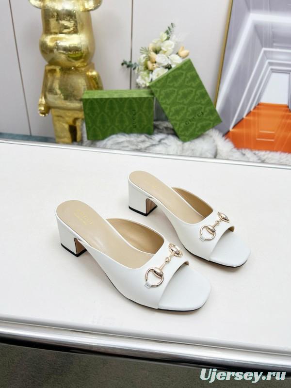 2025 Women Gucci White Leather Heeled Slippers MJ00180