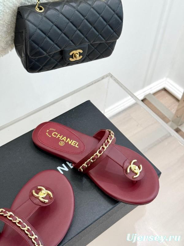 2025 Women Chanel Red Lambskin Chain Sandals KFY00250