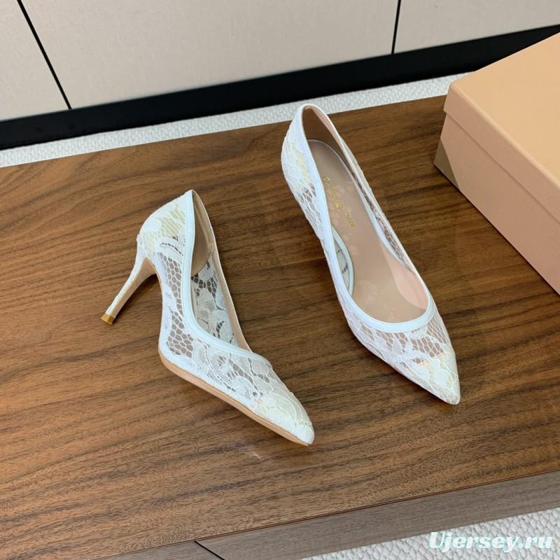 2025 Women Gianvito Rossi White Lace Leather Pumps KFY00280