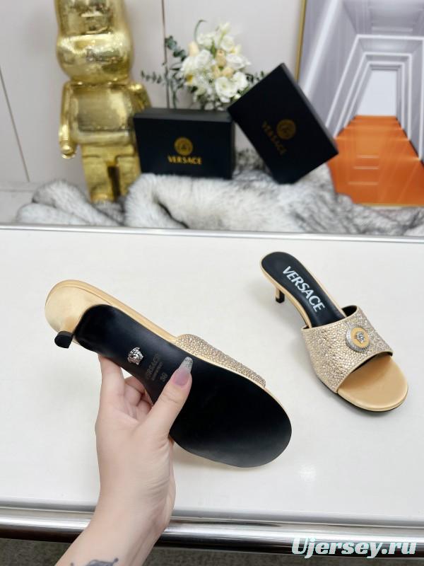 2025 Women VERSACE Gold Silk Rhinestone Heeled Sandals