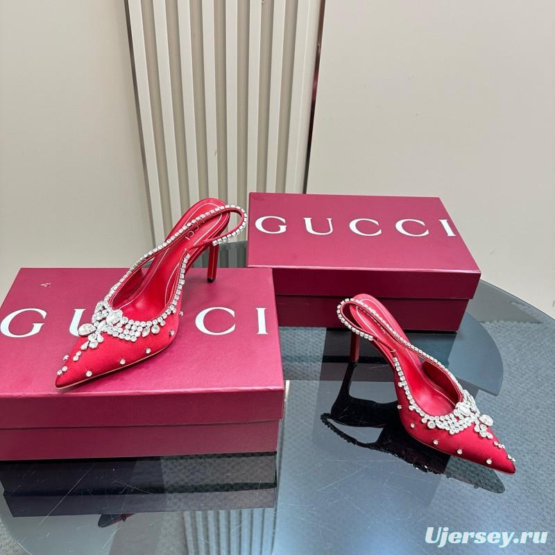 2025 Women Gucci Red Satin High Heel Slingback Crystal MJ00340