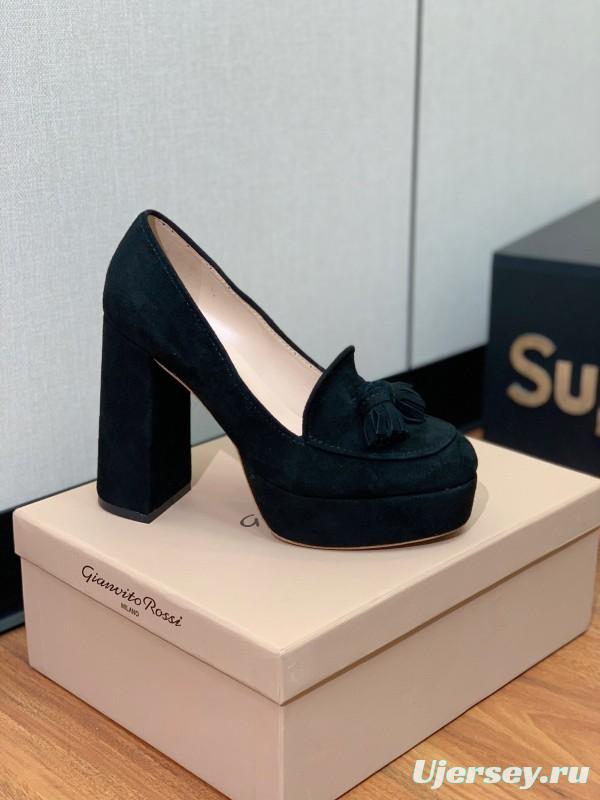 2025 Women Gianvito Rossi Black Suede Platform Tassel Loafer KFY00330