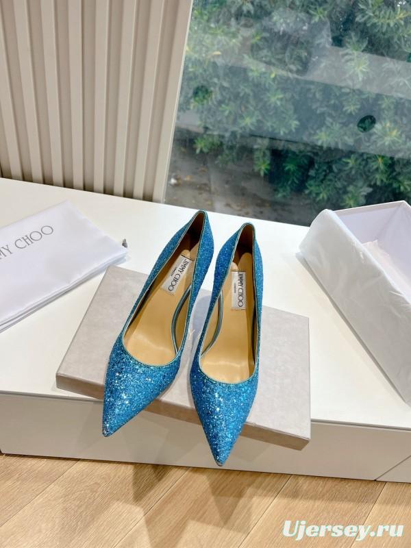 2025 Women Jimmy Choo Blue Glitter Leather Pumps