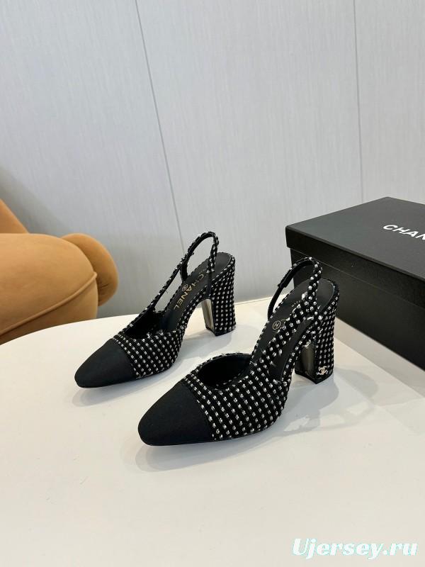 2025 Women Chanel Black White Tweed Leather Slingback Pumps