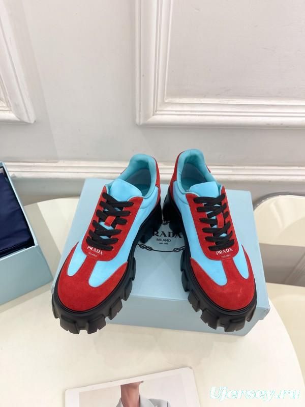 2025 Unisex Prada Blue Red Suede Silk Casual Sneakers KFY00310(F)/KFY00330(M)