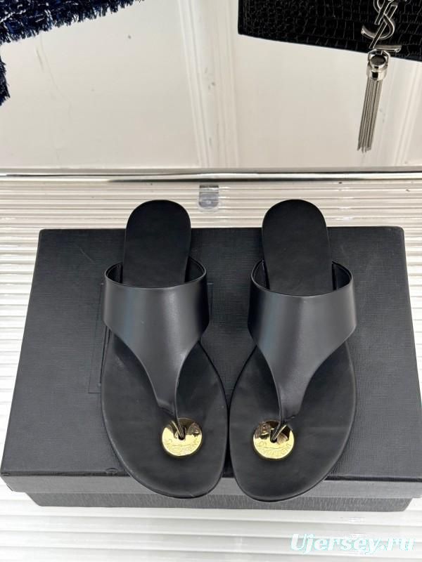 2025 Slippers Yves Saint Laurent Black Leather Slippers KFY00270