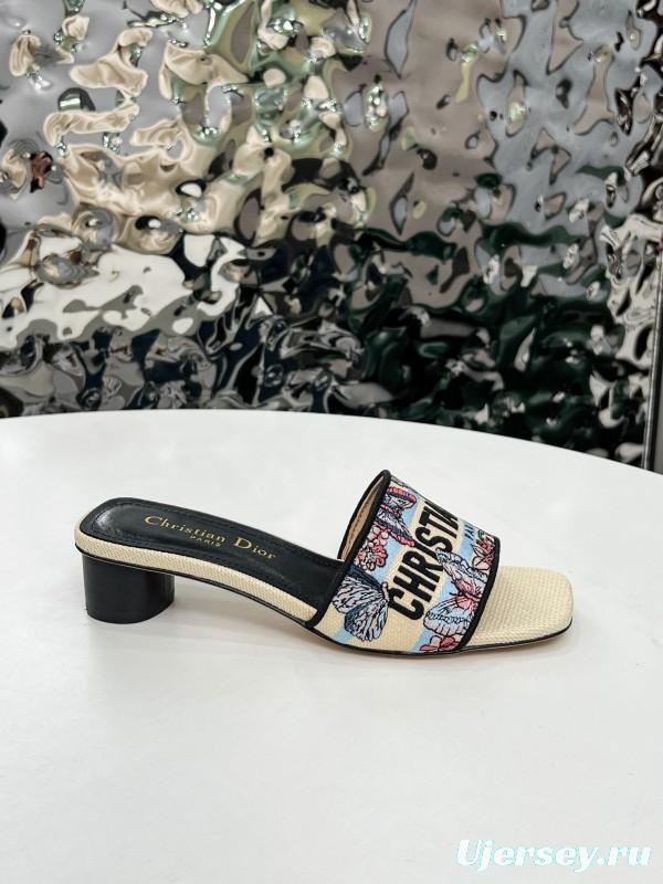 2025 Women Dior Black Beige Embroidery Mid Heel Slippers