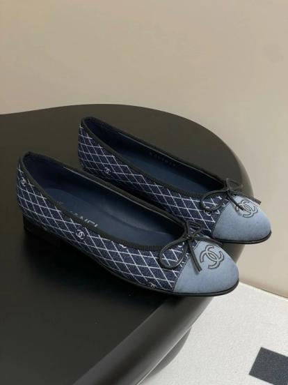 2025 Women Chanel Blue Denim Leather Ballet Flat