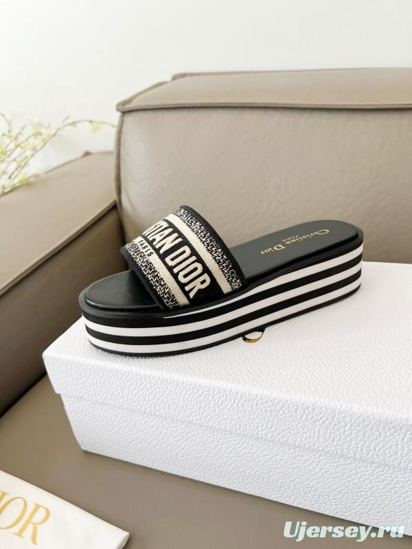 2025 Women Dior Black White Canvas Platform Sandals