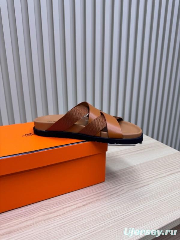 2025 Men Hermès Brown Leather Slippers